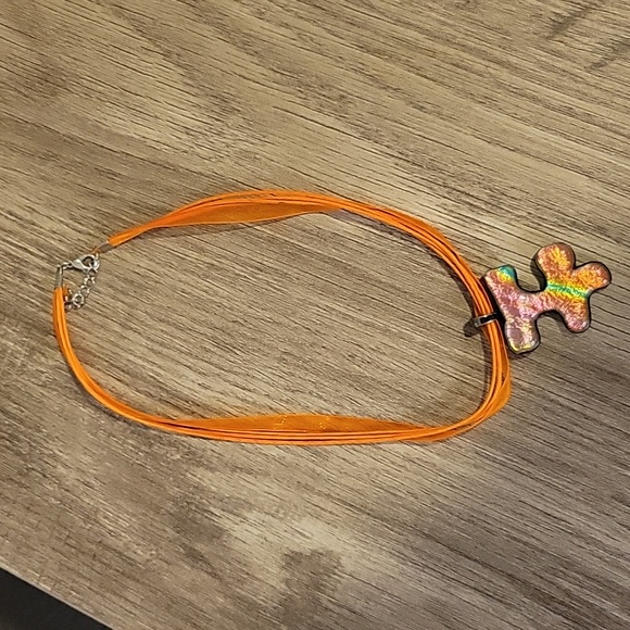 Autism Awareness Orange Multi Fused Glass Handmade Artisan Puzzle Pendant - Picture 3 of 7